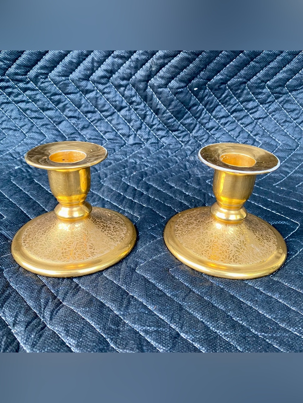 Elegant Pair of Vintage Stouffer Fine China Etched Gilt Candlestick Holders